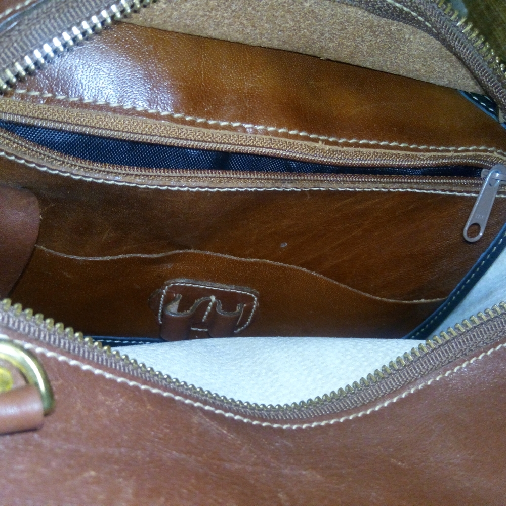 Brahmin Mini Bowler Leather Top Handle Satchel in Cognac Brown with Green Trim - Picture 8 of 14